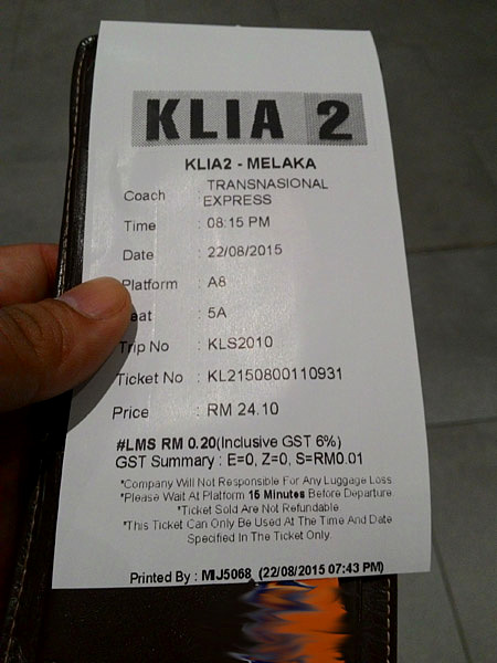 Transnasional bus ticket from KLIA2 to Melaka